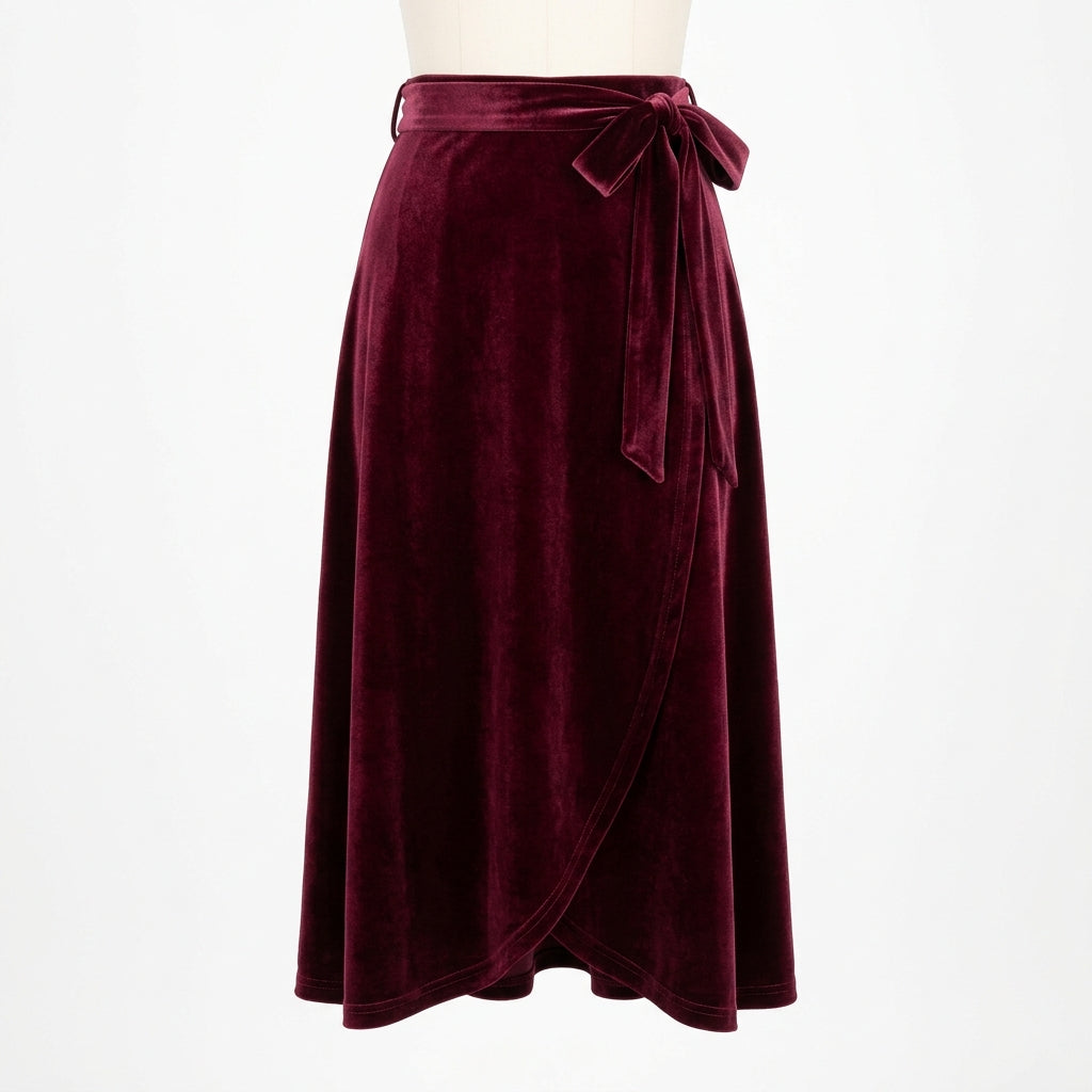 Velvet Wrap Midi Skirt - Burgundy
