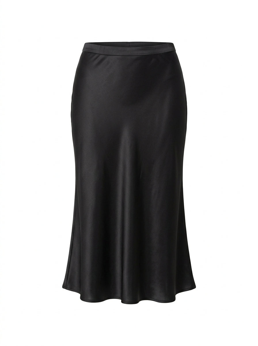 Black Aveline Satin Bias Midi Skirt packshot product photo