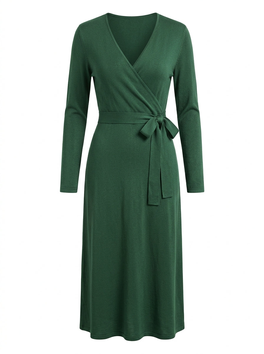 Forest Green Everwood Wrap Knit Midi Dress packshot product photo