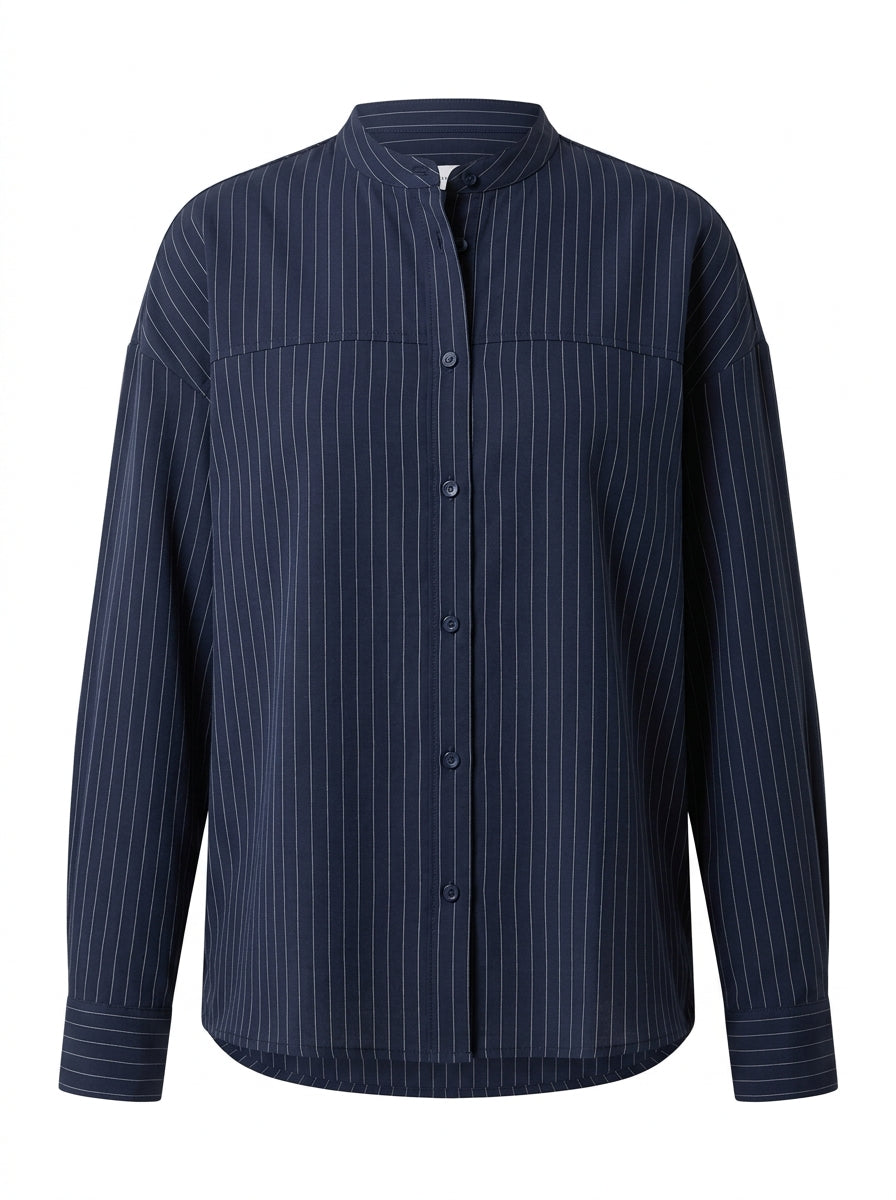 Navy Harbor Stripe Band-Collar Blouse packshot product photo