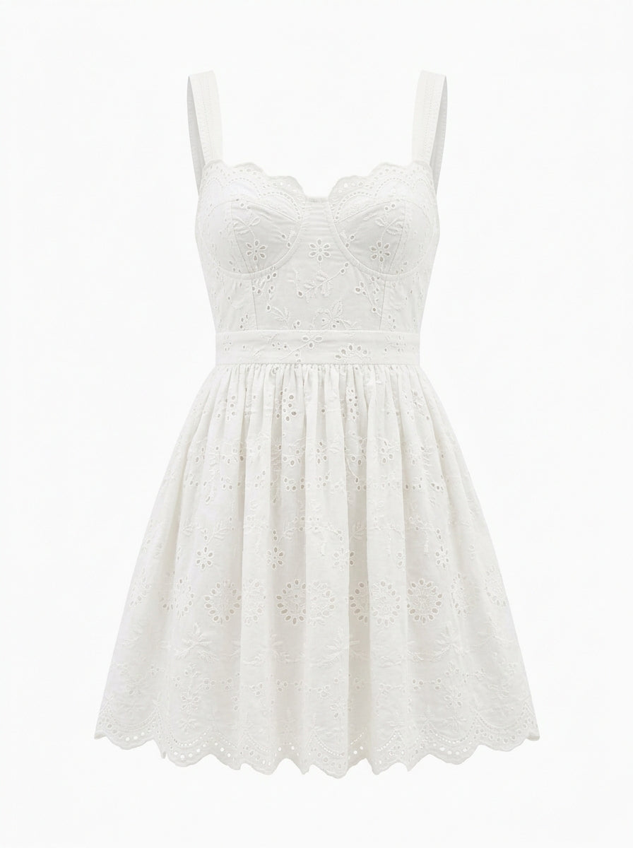 White Ivory Garden Eyelet Mini Dress packshot product photo
