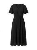 Black Luna Gathered Waist Midi Dress packshot product photo