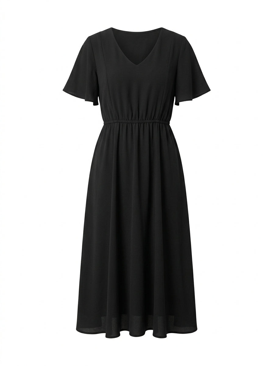 Black Luna Gathered Waist Midi Dress packshot product photo