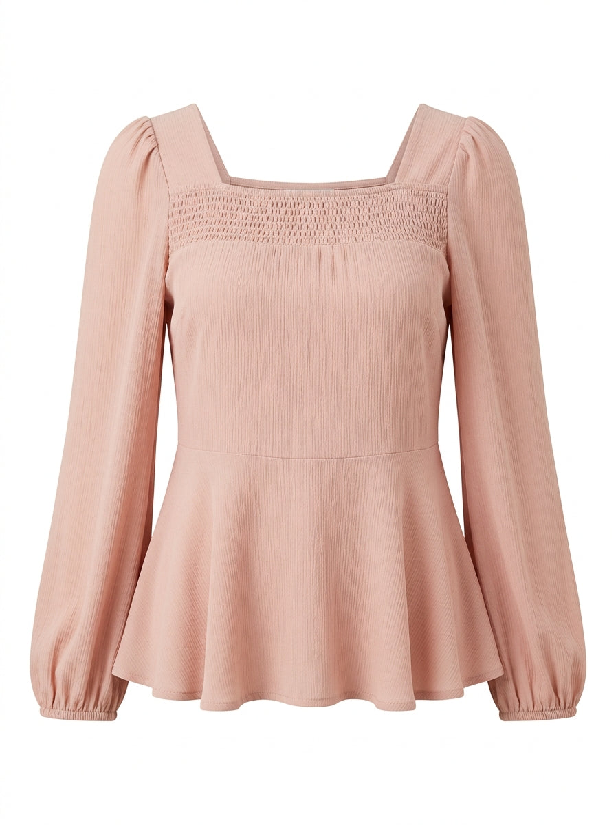 Blush Rosette Smocked Peplum Blouse packshot product photo