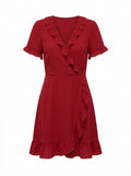 Red Scarlet Ruffle Wrap Mini Dress packshot product photo