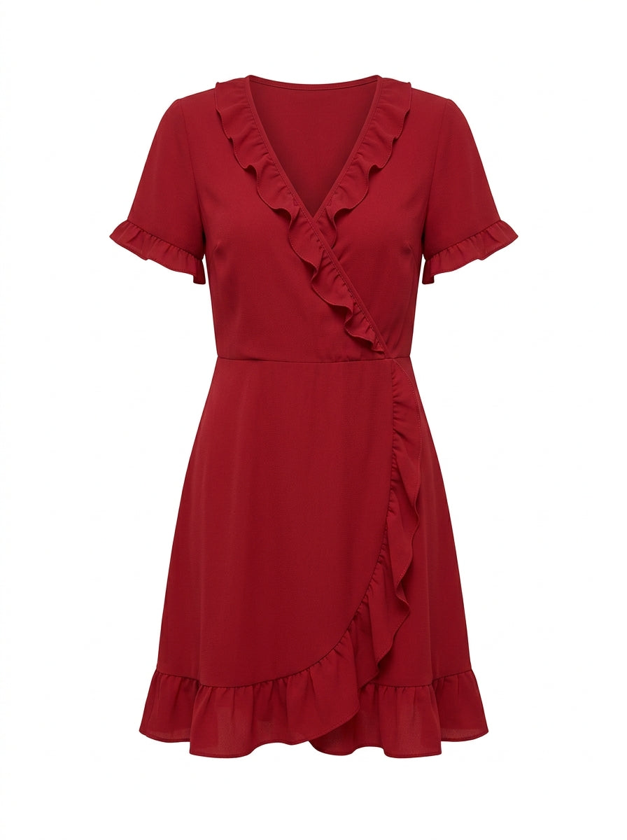 Red Scarlet Ruffle Wrap Mini Dress packshot product photo