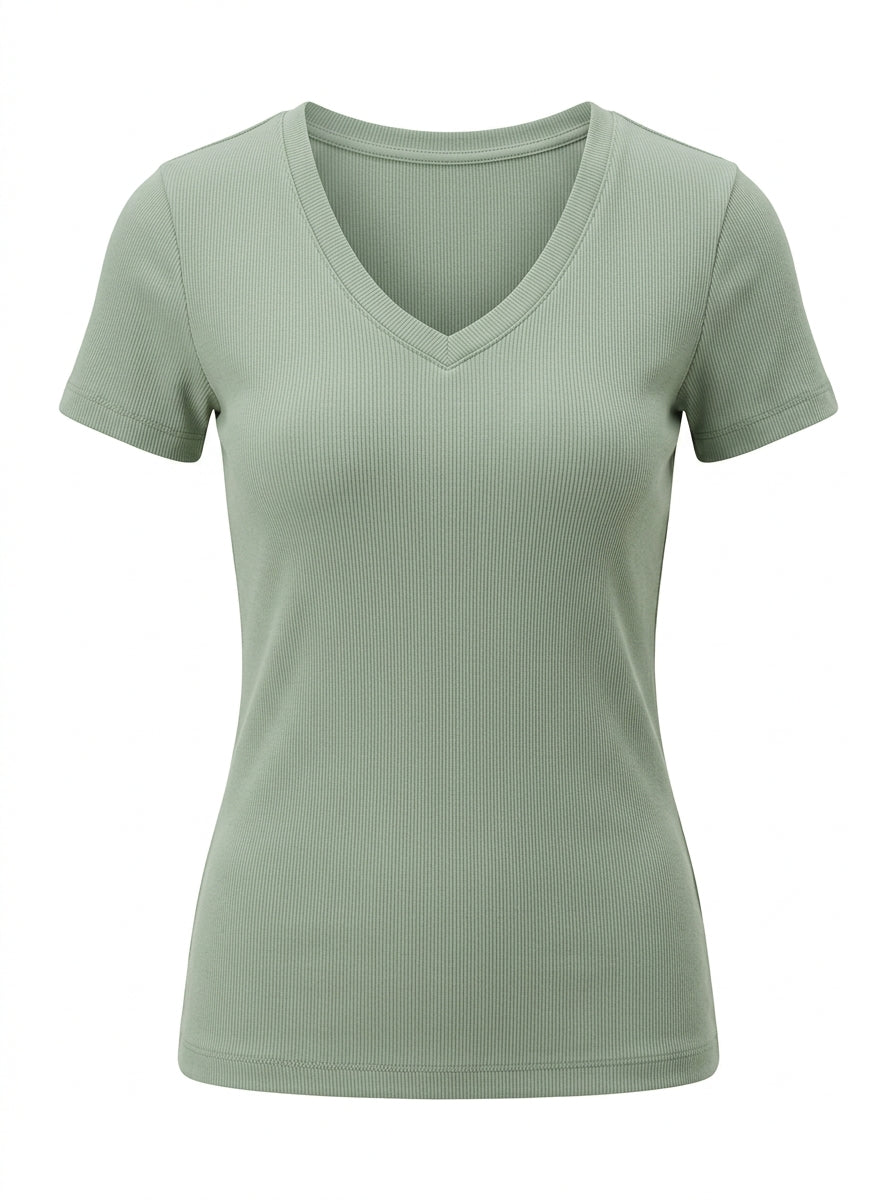 Sage Willow Ribbed V-Neck Tee packshot product photo
